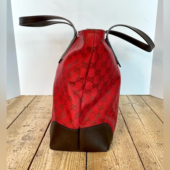 Gucci Red GG Canvas Tote Bag with Brown Leather Trim Corners Shopper Authentic - Picture 7 of 16